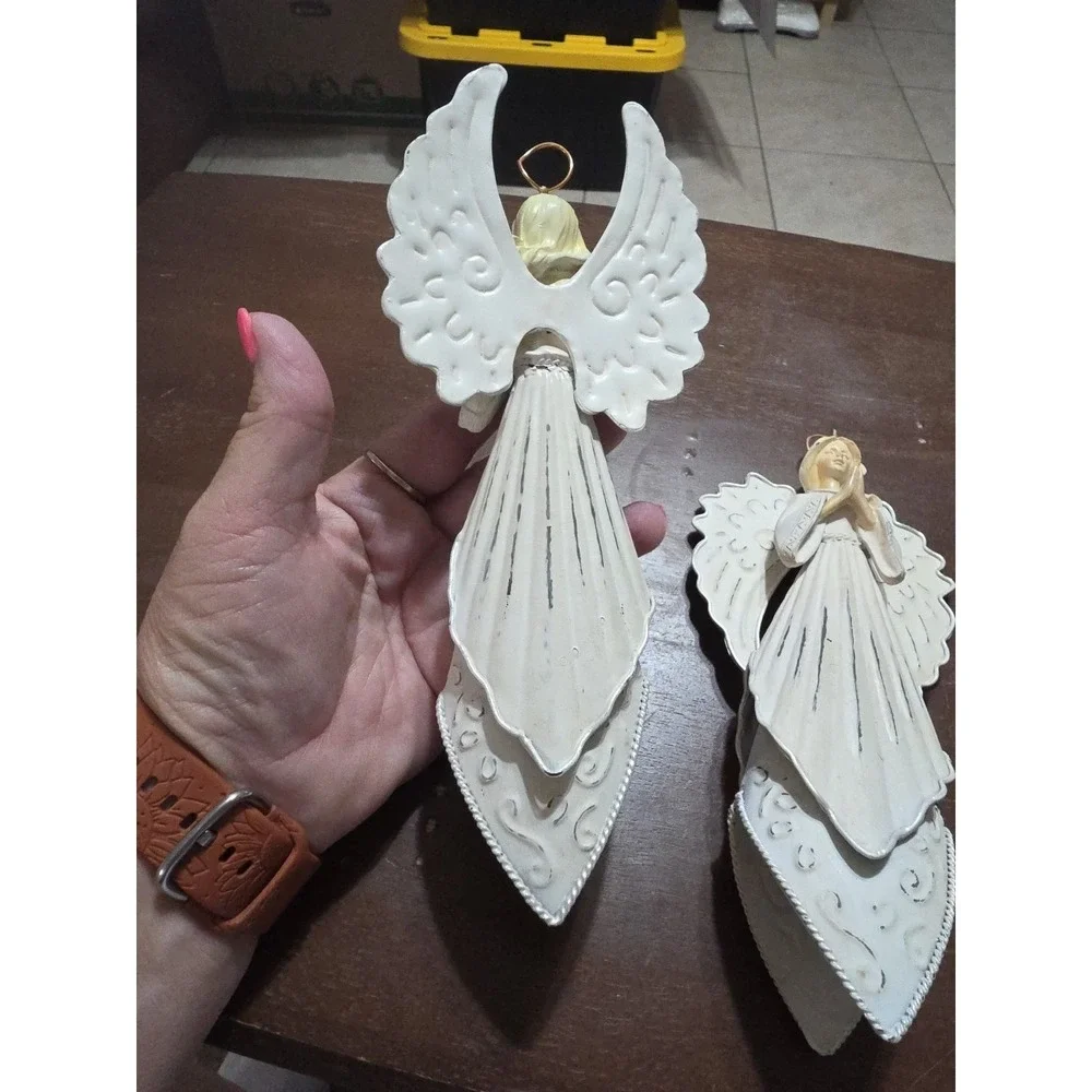 Large Set Of 2 White Color Metal Angel Ornaments. Praying And‎ Bird